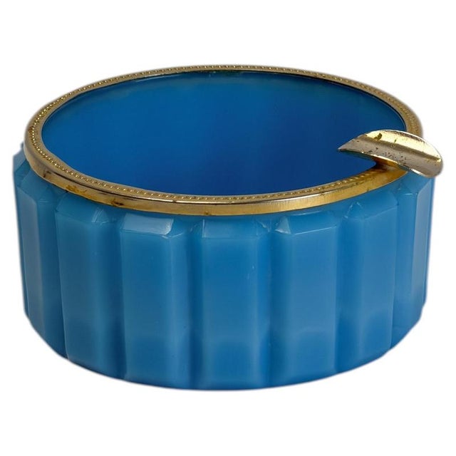 Faceted Turquoise Opaline Glass Ashtray with Gilt Brass Rim, Italy, 1950s For Sale - Image 10 of 10