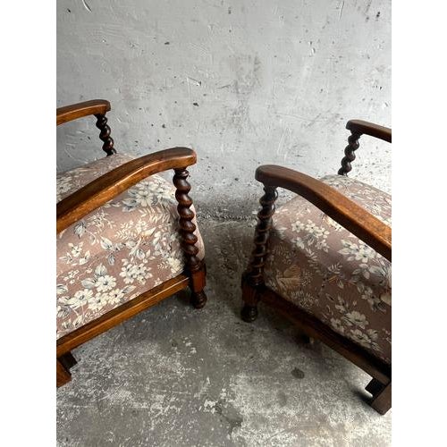 Beige Vintage Floral and Birds Armchairs with Barley Twist Wood, Set of 2 For Sale - Image 8 of 9