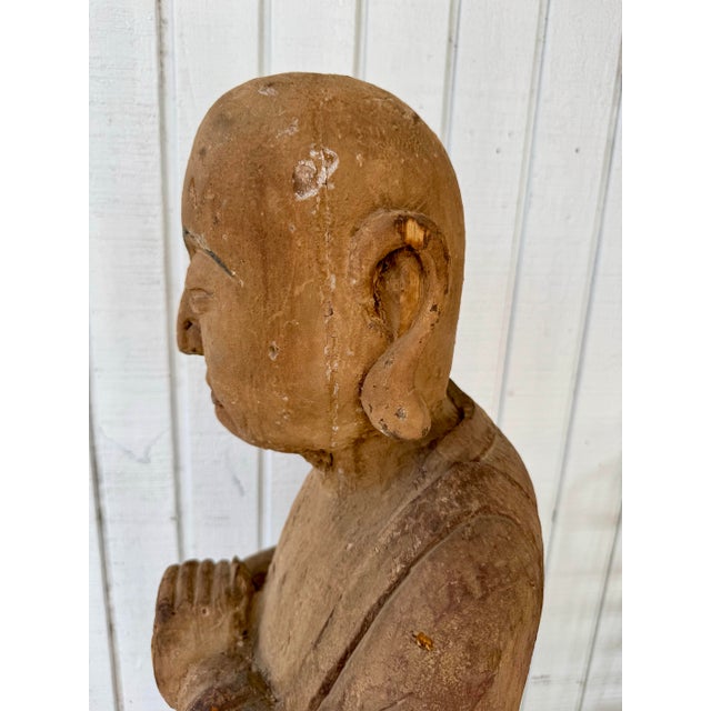 Antique Huge Carved Polychrome Wood Buddha Buddhist Monk on Lotus For Sale - Image 9 of 12