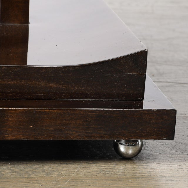 Art Deco Rectilinear Swooping Three Tier Walnut Offset Side Table W/ Plinth Base For Sale - Image 15 of 15