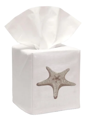 Beige Morning Sun Starfish Tissue Box Cover in White Linen & Cotton, Embroidered
