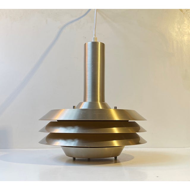 - Tiered hanging ceiling light - Designed and manufactured by Lyskær Belysning in Denmark during the 1970s - Reminiscent...