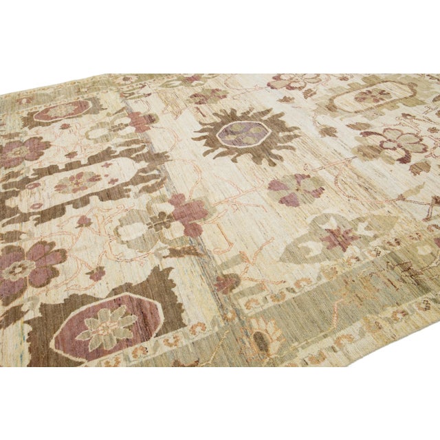 Allover Floral Contemporary Oushak Style Handmade Wool Rug in Beige For Sale - Image 4 of 8