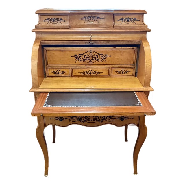 French Restoration Burled Walnut Secretary Desk, C. 1830 — Roll-Top & Inlay For Sale