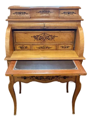 French Restoration Burled Walnut Secretary Desk, C. 1830 — Roll-Top & Inlay