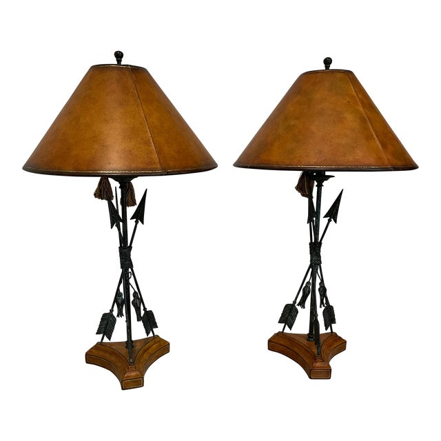 1980s Maitland Smith Bronze Arrows Sculptural Table Lamps With Leather Shades - a Pair For Sale