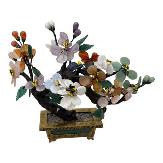 Vintage Gemstone Bonsai Tree Sculpture Asian, Semi Precious Stones, Jade Brass Pot For Sale