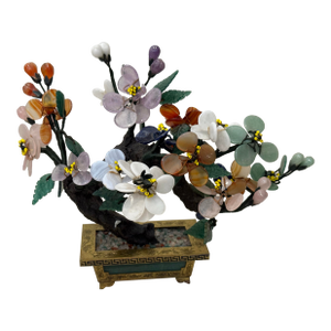 Vintage Gemstone Bonsai Tree Sculpture Asian, Semi Precious Stones, Jade Brass Pot