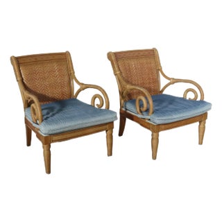 British Colonial Cane and Wrapped Rattan Scroll Arm Club Chairs - a Pair For Sale