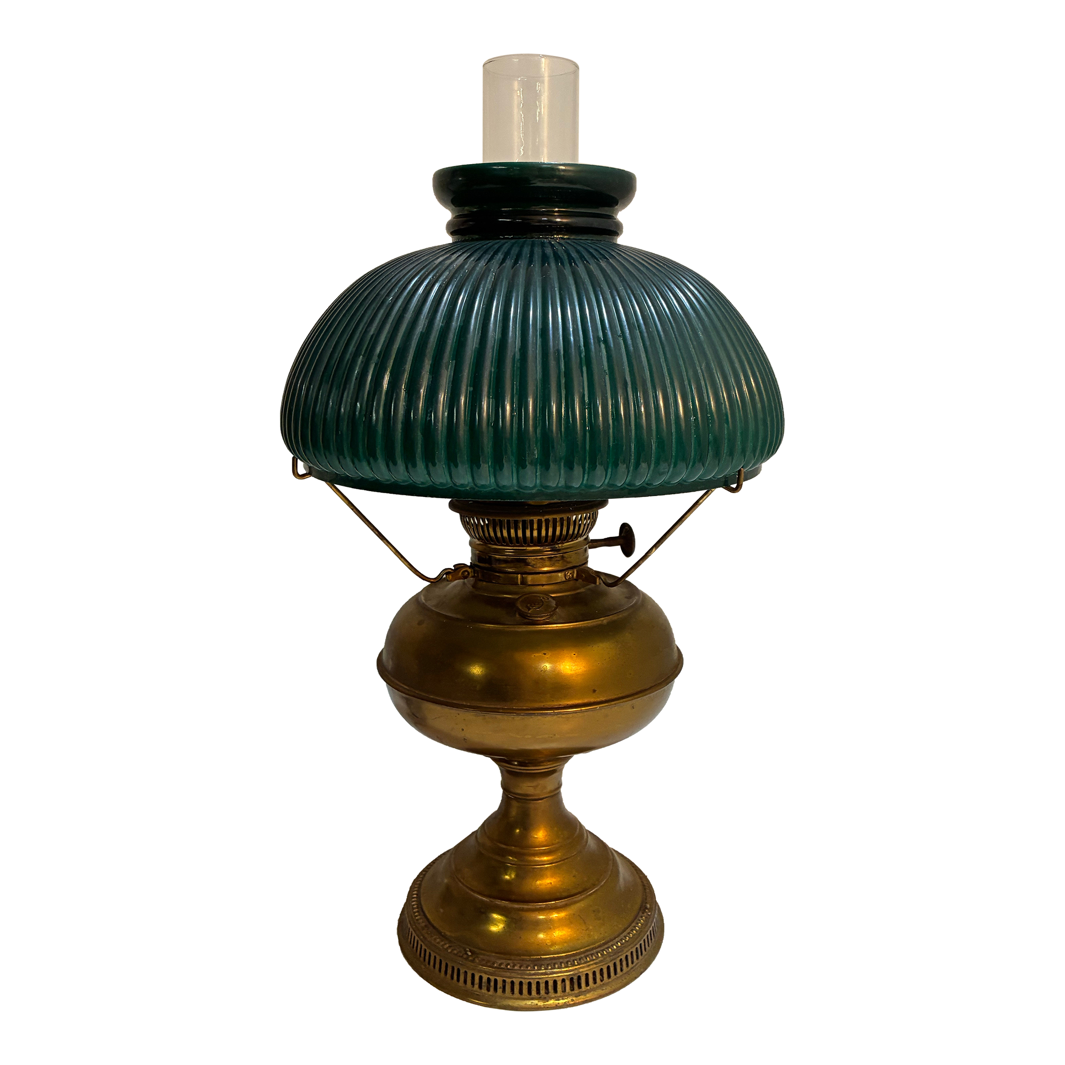 Antique Brass Oil Lamp Rayo Electrified Emerald Green Glass Shade