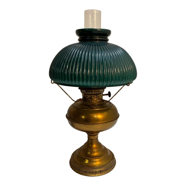 Antique Brass Oil Lamp Rayo Electrified Emerald Green Glass Shade For Sale