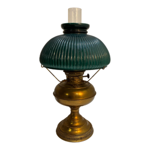 Antique Brass Oil Lamp Rayo Electrified Emerald Green Glass Shade
