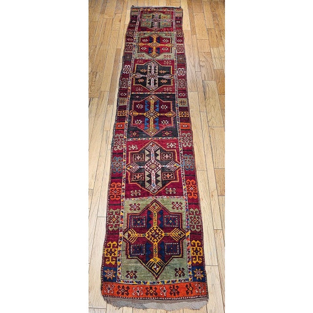 Red Early 20th Century Turkish Oushak Runner, Hand-Knotted Wool, Geometric Pattern, 3x16 For Sale - Image 8 of 16