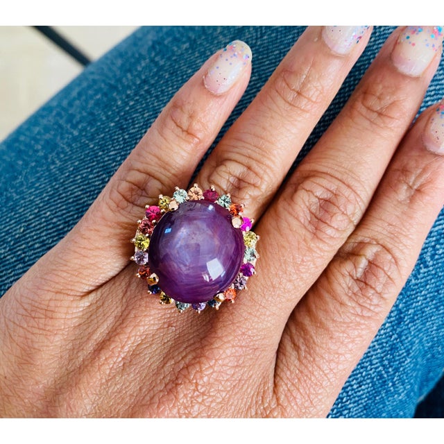 2020s Gia Certified Star Ruby Sapphire Gold Cocktail Ring, Roshe Jewels, 37.55 Carats, Size 7 For Sale - Image 5 of 13