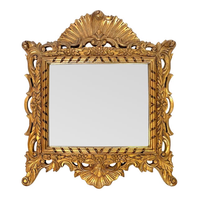 Vintage French Regency Beveled Edge Mirror With High Pediment and Antique Gold Finish For Sale