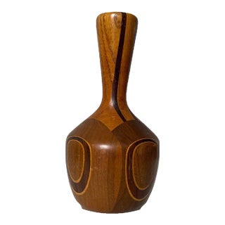 Late 20th Century Vintage Artisan Carved Wood Inlay Vase For Sale