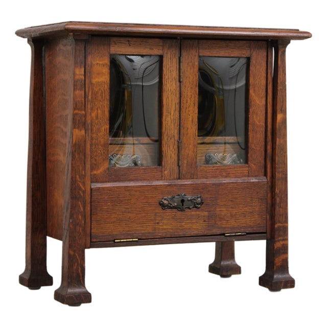 Antique Arts & Crafts Diminutive Mission Oak Smoking Cabinet For Sale