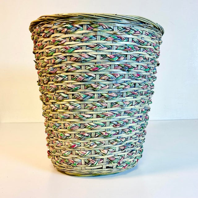 1970s Vintage Boho Chic Coastal Colorful Dyed Wicker Wastebasket. For Sale - Image 11 of 12