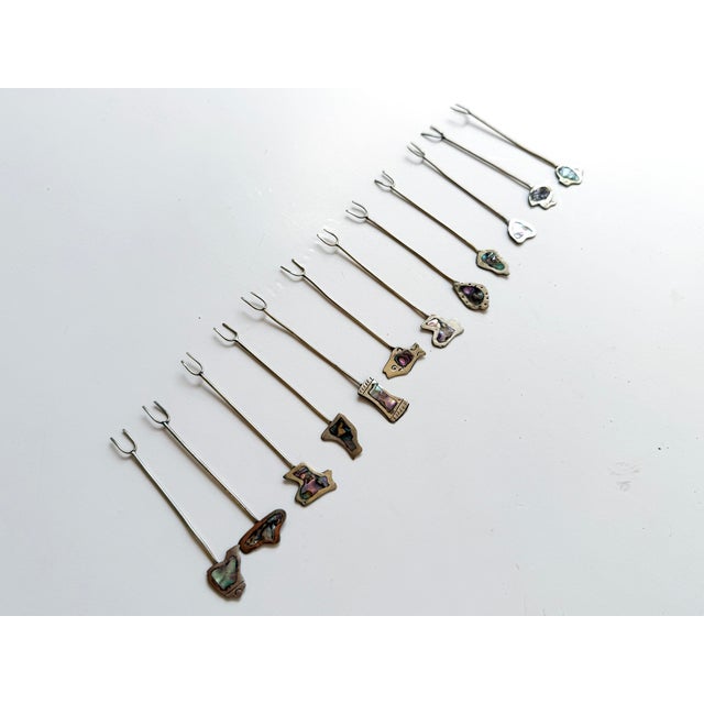 Metal Vintage Handmade Mexican Silver & Abalone Hors D’Oeuvre Picks – Set of 12 For Sale - Image 7 of 7
