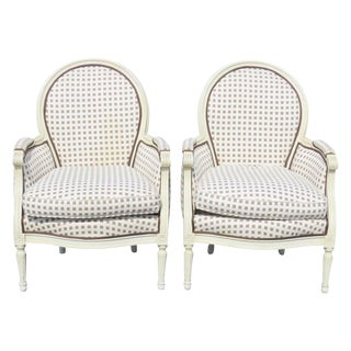 Louis XVI Style Distressed Painted Bergeres - A Pair For Sale