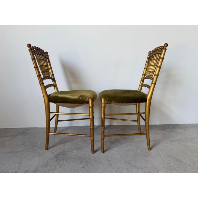 1900 - 1909 Antique Italian Faux Bamboo Gilt Wood Accent Chairs With Green Velvet Upholstery – A Pair Description: For Sale - Image 5 of 12