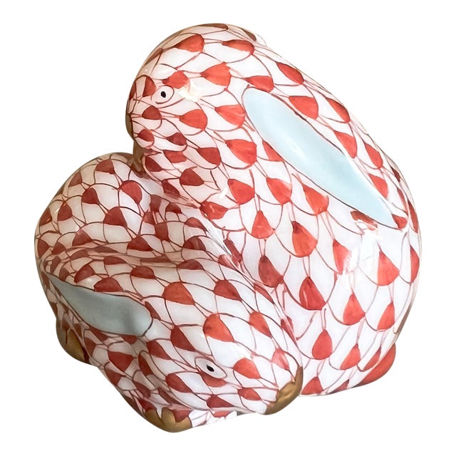 Herend Rust Fishnet Bunny Pair – Hand-Painted, 24k Gold Accents For Sale