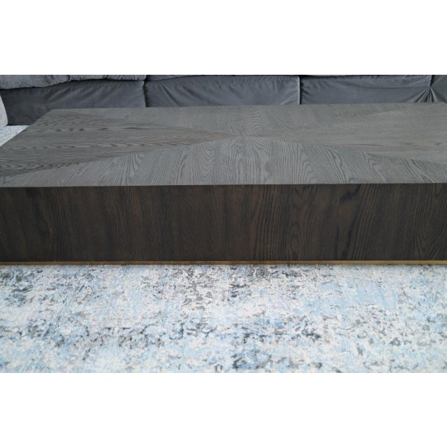 Modern Modern Cerused Dark Oak Plinth Coffee Table With Starburst Veneer Top & Brass Inlay For Sale - Image 3 of 12