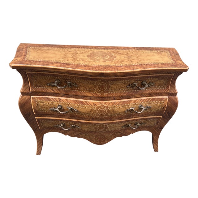 Late 20th Century French Louis Xv Style Marquetry Bombe Chest Dresser For Sale