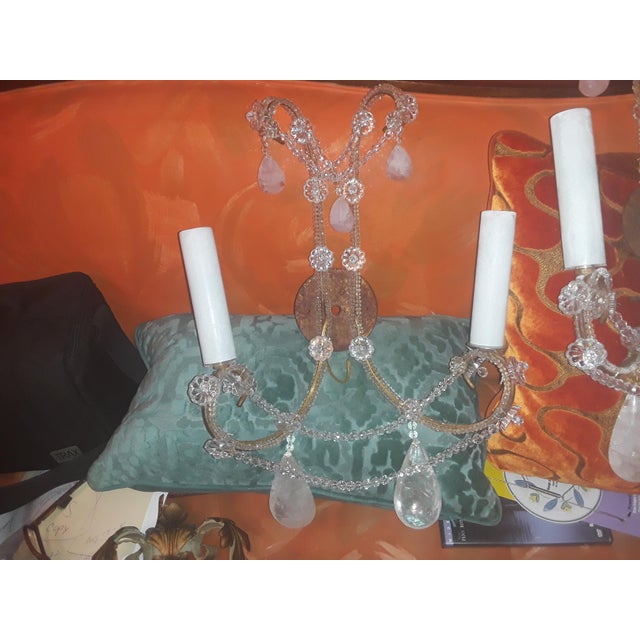 French Vintage Grand Scale & Luxe Louis XVI Manor Style Pink Quartz With All Rock Crystal Wall Sconces by Dennis & Leen a - Pair For Sale - Image 3 of 12