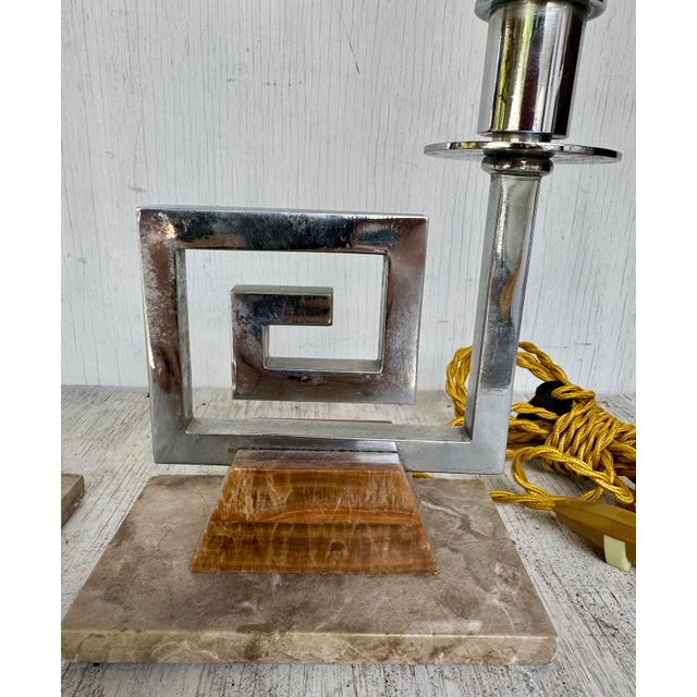 Mid-Century Modern Late 20th Century Marble and Chrome Greek Key Mid Century Modern Lamps - a Pair For Sale - Image 3 of 11