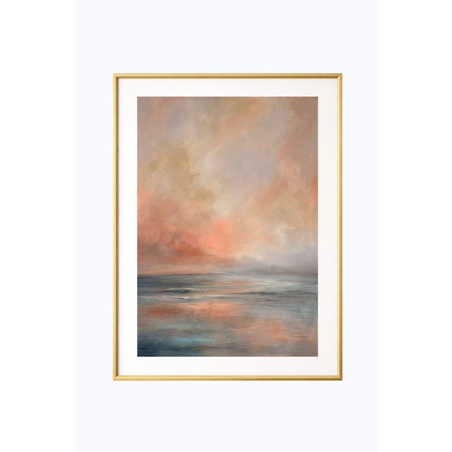 Abstract coastal sunset seascape wall art featuring a softly layered ocean horizon with glowing sky tones, painterly...