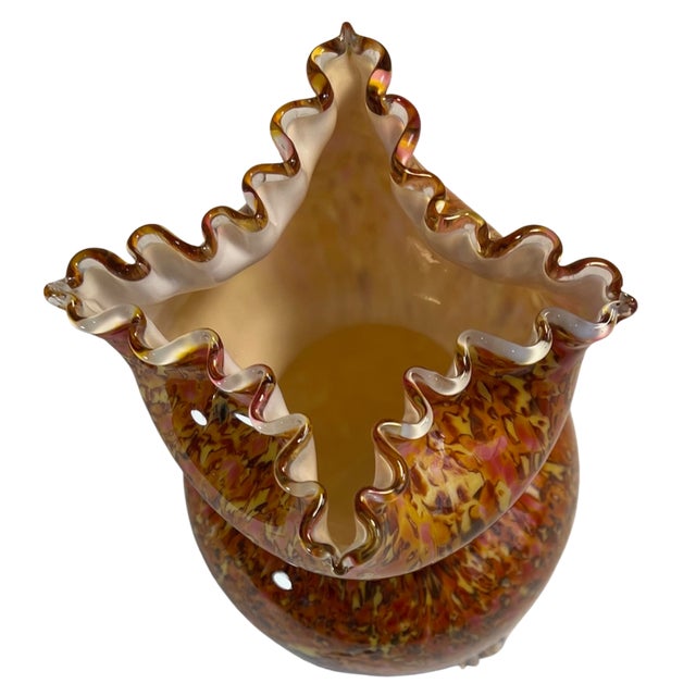 Antique Franz Welz Style Art Glass Orange Confetti Vase With Crimped Lip For Sale - Image 10 of 18