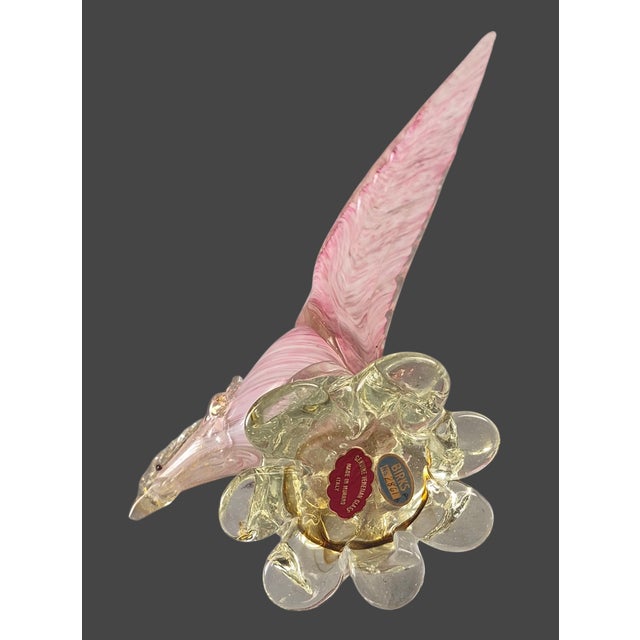 Pink Vintage Mid- Century Murano Art Glass Bird Pheasant Figurine Original Label For Sale - Image 8 of 9