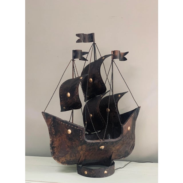 Copper Vintage Brutalist Wrought Metal Pirate Ship Lamp For Sale - Image 8 of 8