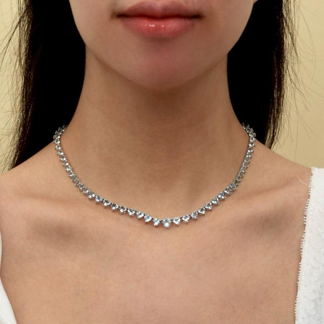 Contemporary Nina Zhou 20.40ct Heart Aquamarine Riviera Graduated Tennis Necklace in 14k White Gold For Sale - Image 3 of 7