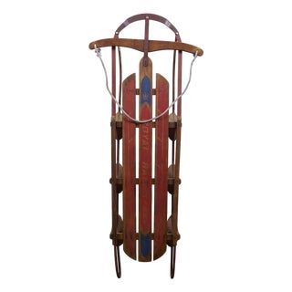 Mid Century Royal Racer Oak & Metal Sled Flexible Flyer Style Snow Sleigh For Sale