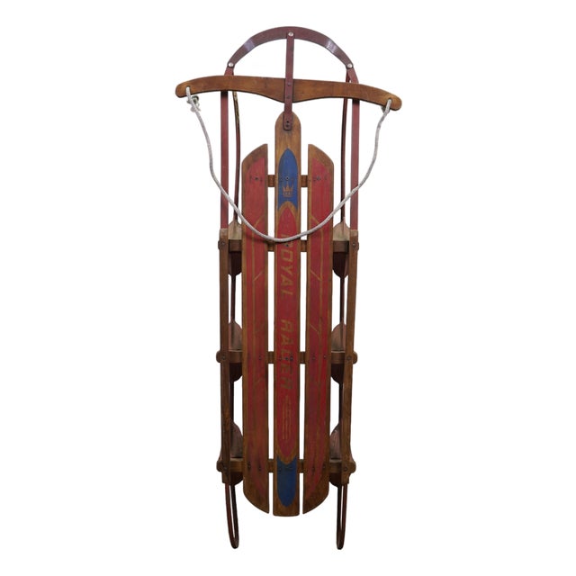 Mid Century Royal Racer Oak & Metal Sled Flexible Flyer Style Snow Sleigh For Sale