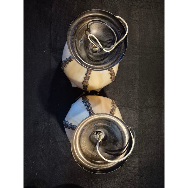 Mid 20th Century Art-Nouveau 5-Panel Tulip Slag Stained Glass Lamp Shade Ceiling Light Fixtures - a Pair For Sale - Image 4 of 7