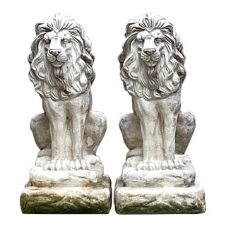 Vintage Traditional Gatekeeper Cast Cement Lion Statues - A Pair For Sale