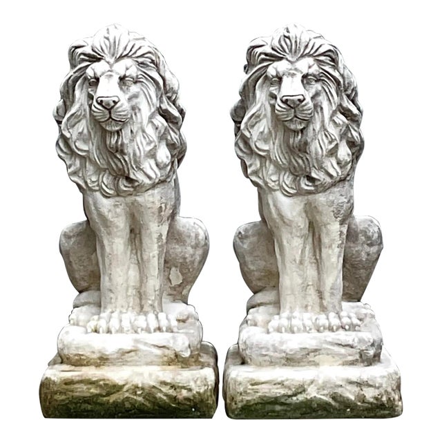 Vintage Traditional Gatekeeper Cast Cement Lion Statues - A Pair For Sale