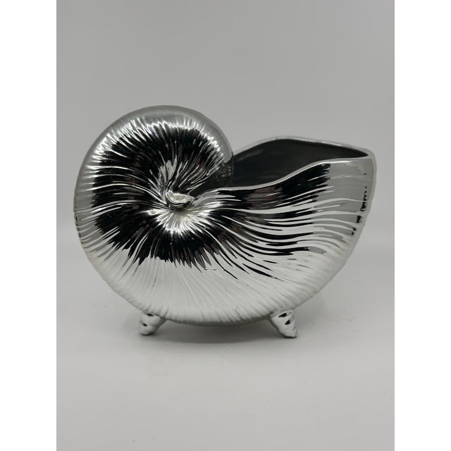 Traditional Silver Glazed Nautilus Coquille Sea Shell Accent Piece For Sale - Image 3 of 6