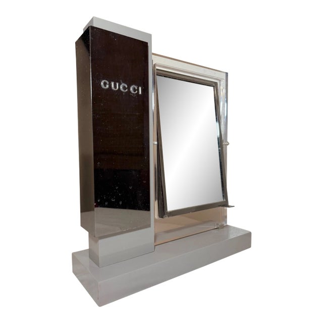 Rare Vintage Original Gucci Wood Lucite Metal Countertop Makeup Mirror Display For Sale