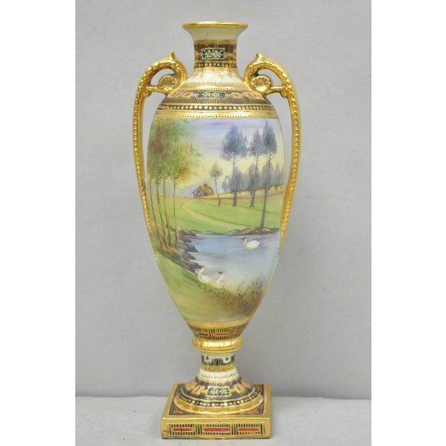 Art Nouveau Antique Nippon Hand Painted Twin Handled Gold Gilt Lake & Swan Scene Bolted Vase For Sale - Image 3 of 17