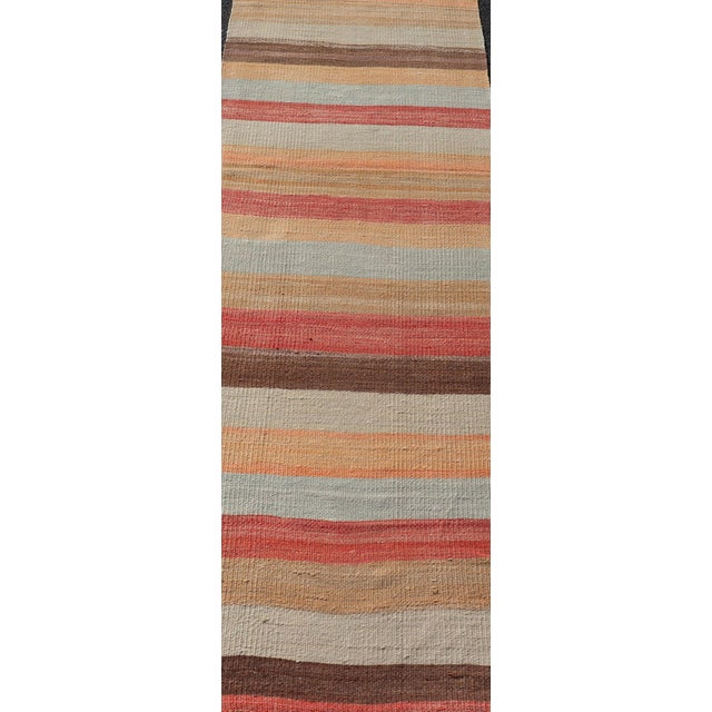 Mid 20th Century Vintage Turkish Kilim Runner With Coral, Tan and Soft Blue Stripes For Sale - Image 5 of 11