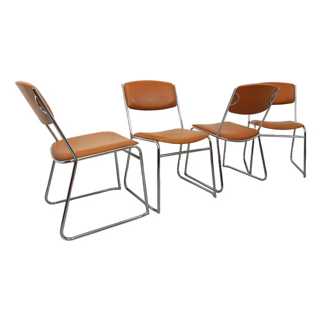 Vintage Sled Chairs in Chrome Metal and Cognac Leatherette, 1970s, Set of 4 For Sale
