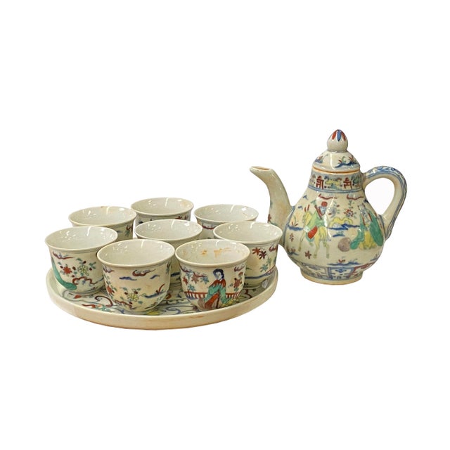 Chinese Ceramic Off White Eight Immortal Field Teapot Teacups Deco Set ...