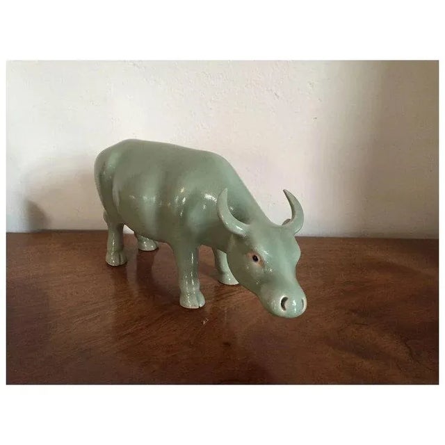 Chinoiserie Antique Late Qing Chinese Monochrome Porcelain Figure of an Ox in Celadon Glaze C. 1890 For Sale - Image 3 of 11