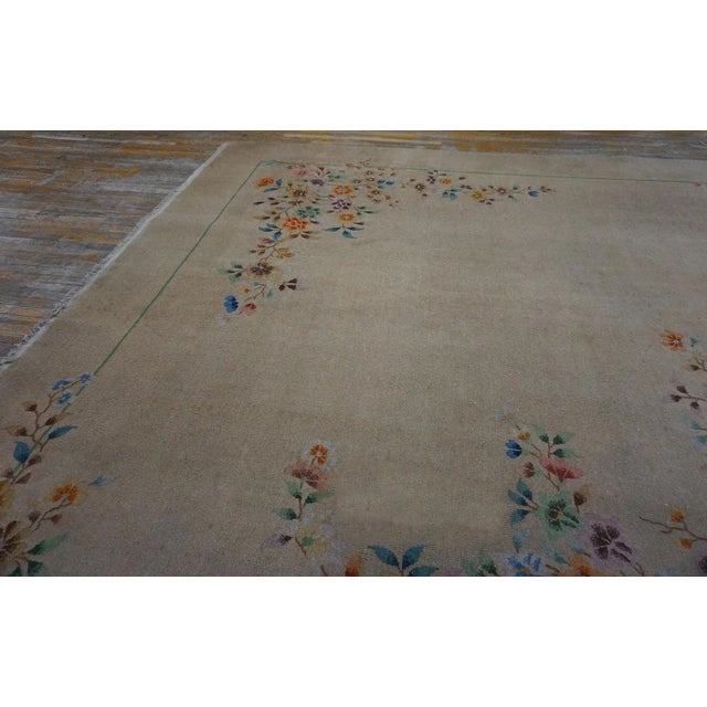1930s Ivory Floral Modernist Antique Chinese Art Deco Carpet 11' X 13' 9" Knotted Wool Rug For Sale - Image 9 of 11
