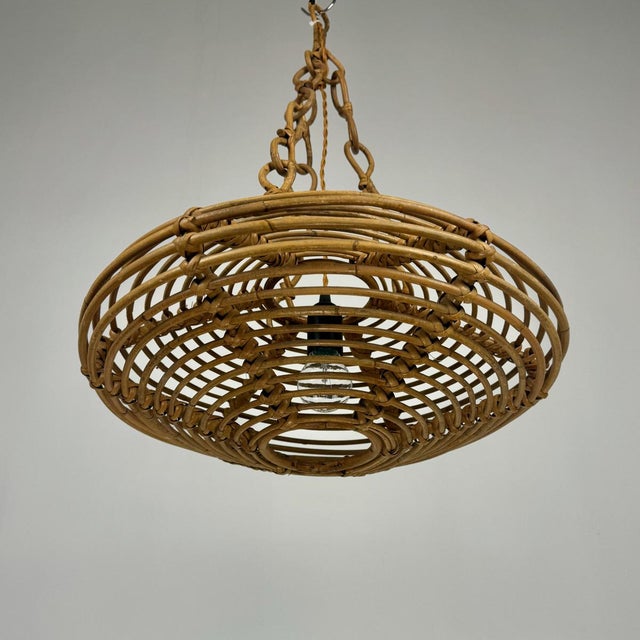 Italian Bamboo Rattan UFO Pendant Lamp, 1960s For Sale - Image 4 of 8