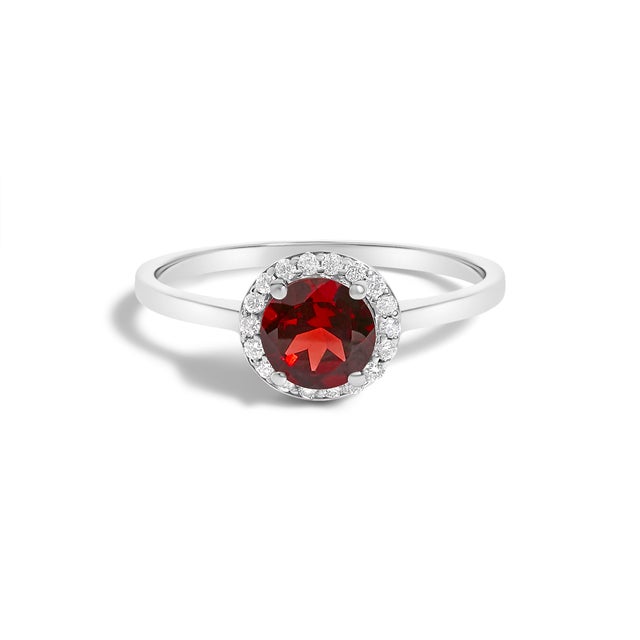 Contemporary 10K White Gold Red Garnet and 3/8 Cttw Diamond Halo Jewelry Set (Earrings, Pendant & Ring) For Sale - Image 3 of 6